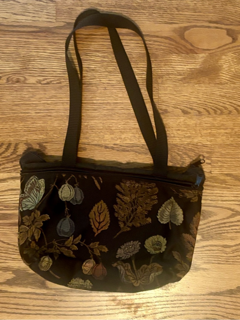 Floral Embroidered Black Shoulder Bag